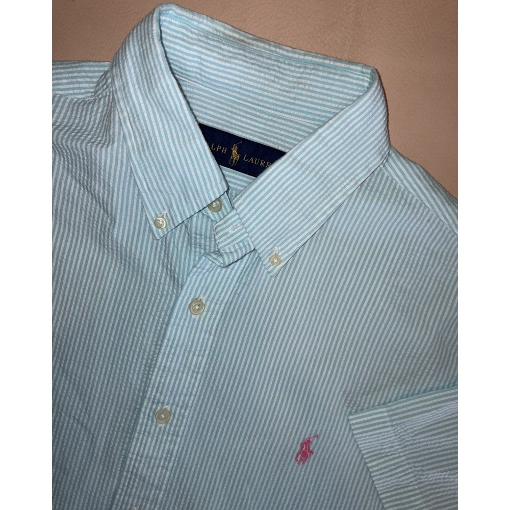 Polo Ralph Lauren Seersucker Teal White Stripe Button Down Short Sleeve Medium